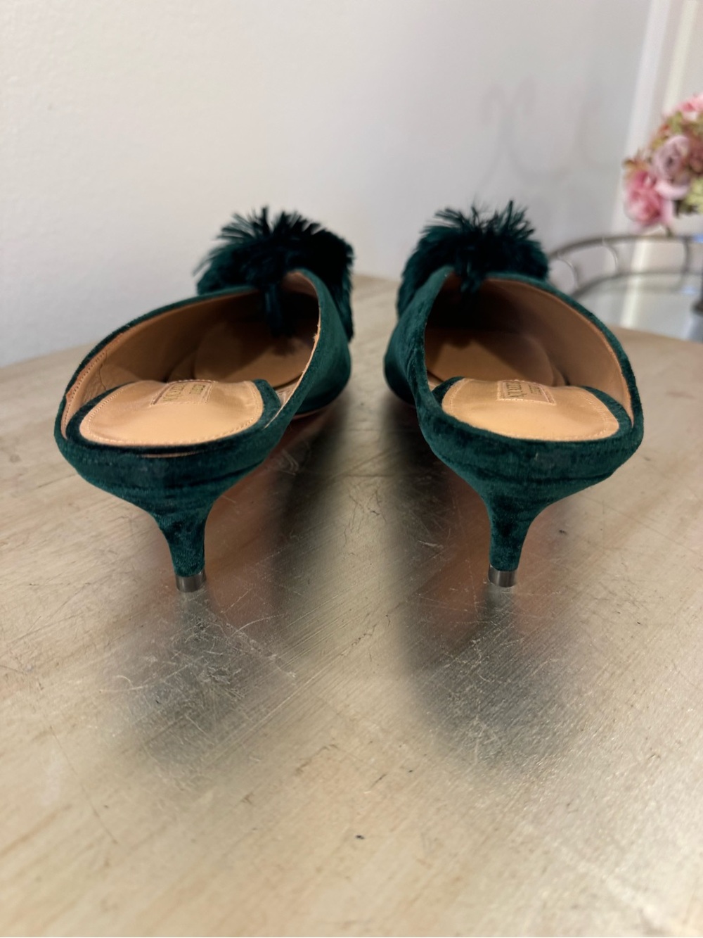 Aquazzura Powder Puff Green Velvet Mules - Picture 6 of 8